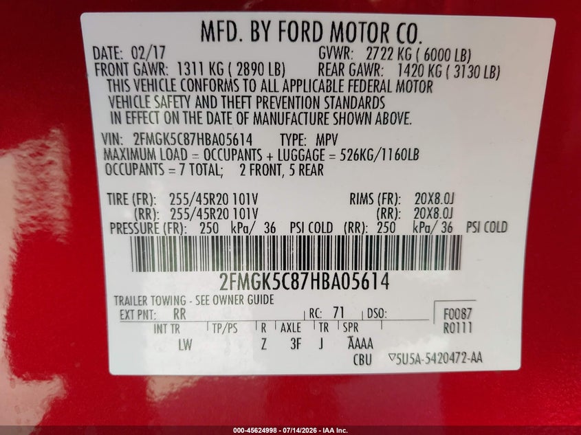 2017 Ford Flex Sel VIN: 2FMGK5C87HBA05614 Lot: 45624998