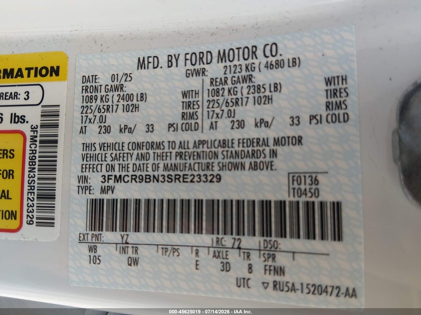 2025 Ford Bronco Sport Big Bend VIN: 3FMCR9BN3SRE23329 Lot: 45625019