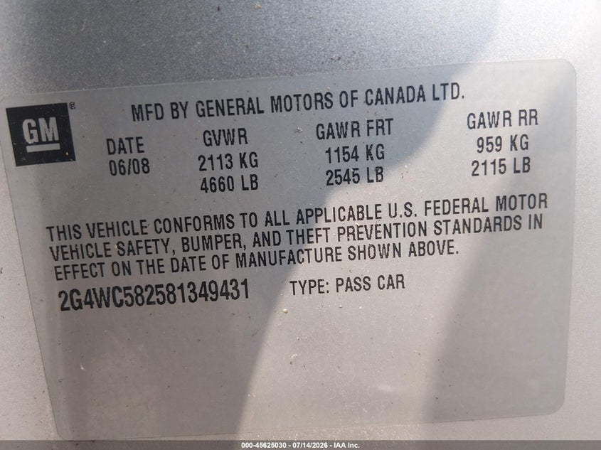 2008 Buick Lacrosse Cx VIN: 2G4WC582581349431 Lot: 45625030