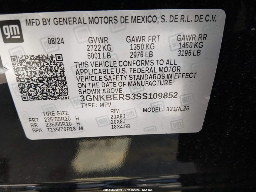 2025 Chevrolet Blazer Fwd Rs VIN: 3GNKBERS3SS109852 Lot: 45625059