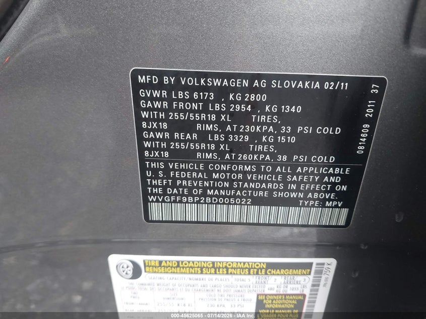 2011 Volkswagen Touareg Vr6 Sport VIN: WVGFF9BP2BD005022 Lot: 45625065