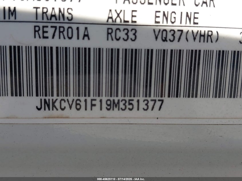 2009 Infiniti G37X VIN: JNKCV61F19M351377 Lot: 45625110