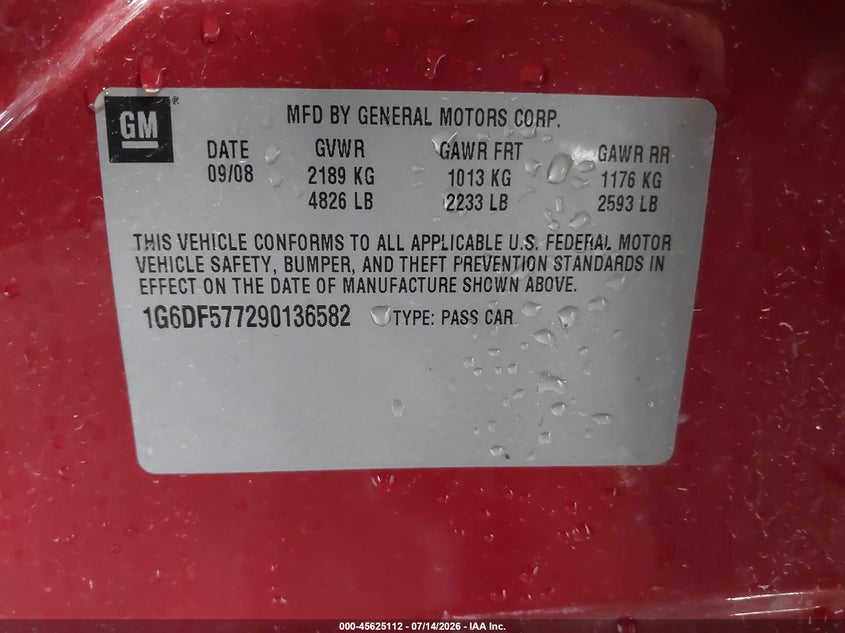 2009 Cadillac Cts Rwd W/1Sa VIN: 1G6DF577290136582 Lot: 45625112