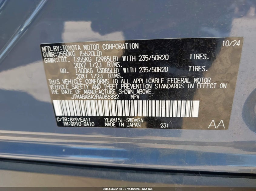 2024 Subaru Solterra Limited VIN: JTMABABA2RA086882 Lot: 45625158