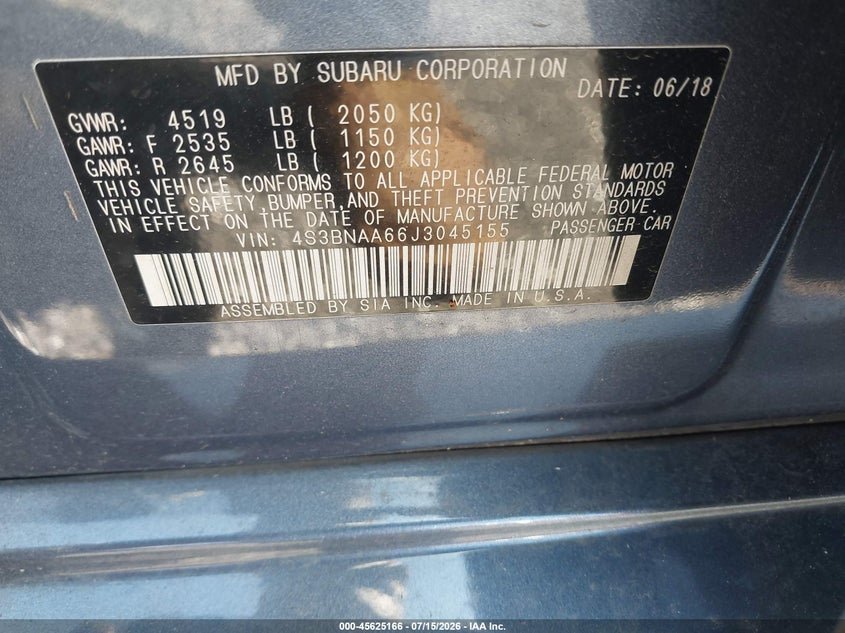 2018 Subaru Legacy 2.5I VIN: 4S3BNAA66J3045155 Lot: 45625166