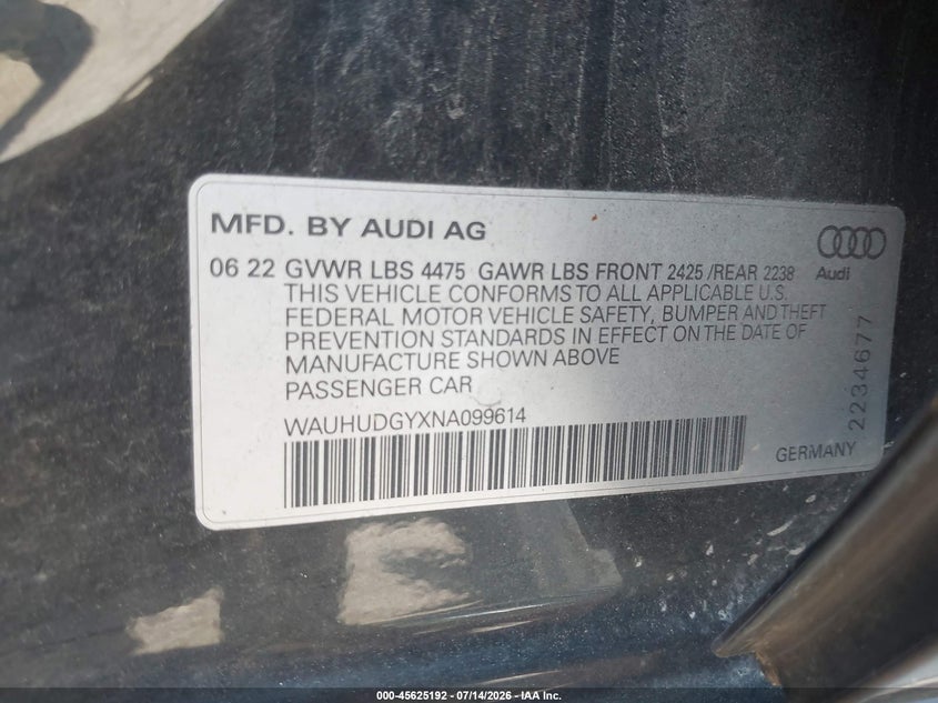 2022 Audi A3 Premium Plus 40 Tfsi Quattro S Tronic VIN: WAUHUDGYXNA099614 Lot: 45625192