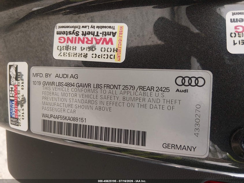 2019 Audi S5 3.0T Premium VIN: WAUP4AF55KA089151 Lot: 45625195