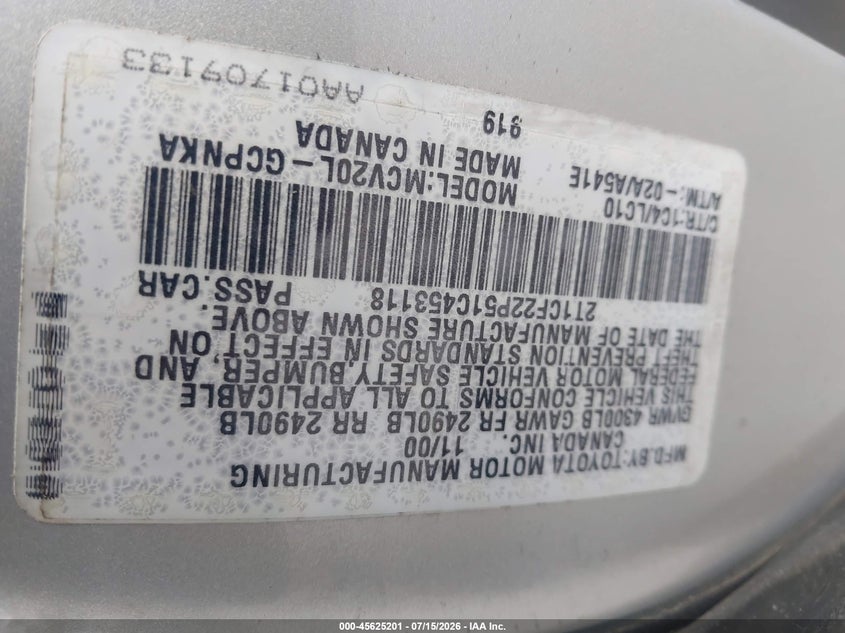 2001 Toyota Camry Solara Sle V6 VIN: 2T1CF22P51C453118 Lot: 45625201