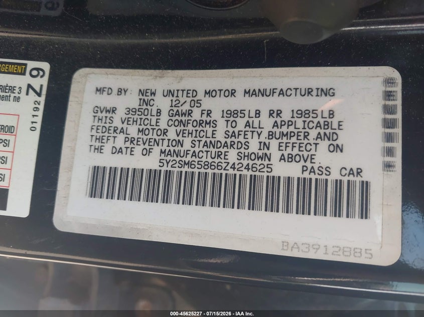 2006 Pontiac Vibe VIN: 5Y2SM65866Z424625 Lot: 45625227