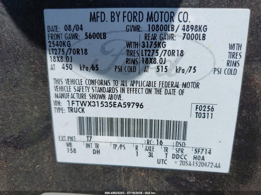 2005 Ford F-350 Lariat/Xl/Xlt VIN: 1FTWX31535EA59796 Lot: 45625253