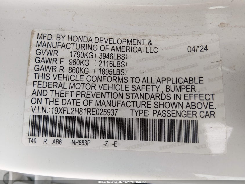 HONDA CIVIC 2024 VIN 19XFL2H81RE025937