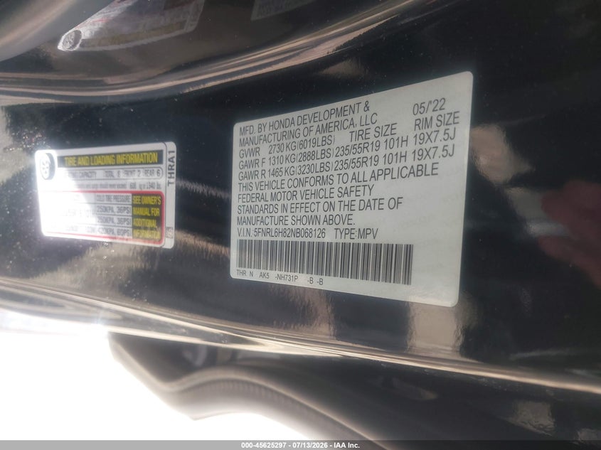 2022 Honda Odyssey Touring VIN: 5FNRL6H82NB068126 Lot: 45625297