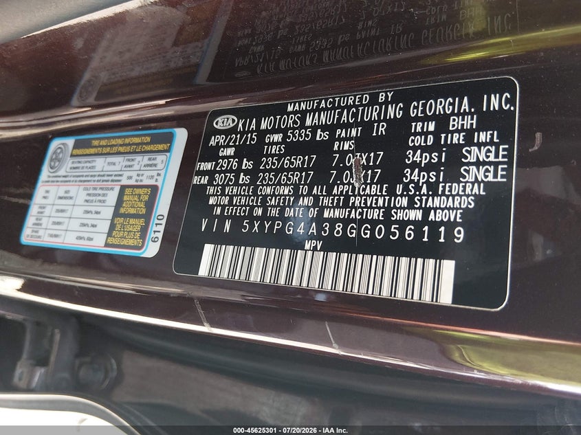2016 Kia Sorento 2.4L Lx VIN: 5XYPG4A38GG056119 Lot: 45625301