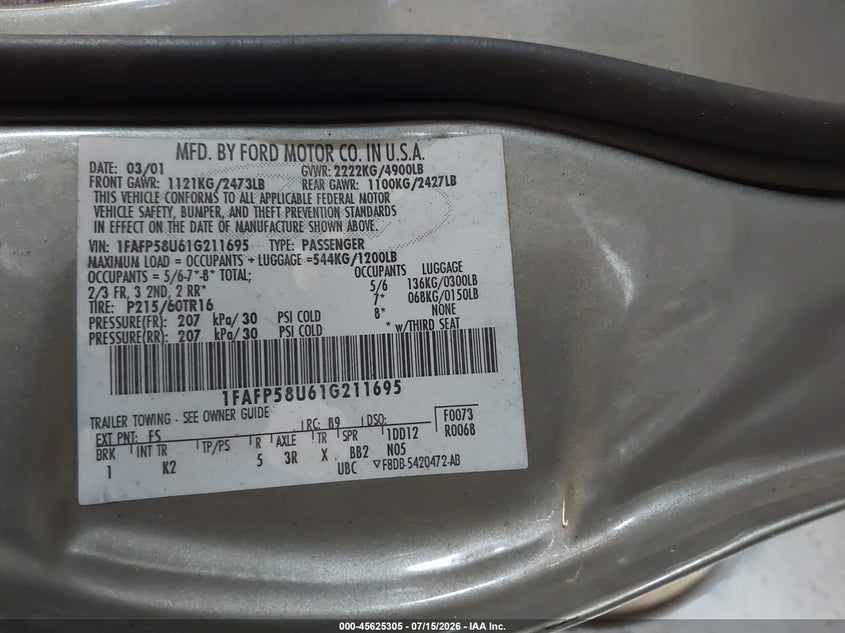 2001 Ford Taurus Se VIN: 1FAFP58U61G211695 Lot: 45625305