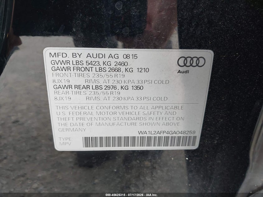 2016 Audi Q5 2.0T Premium VIN: WA1L2AFP4GA048259 Lot: 45625315