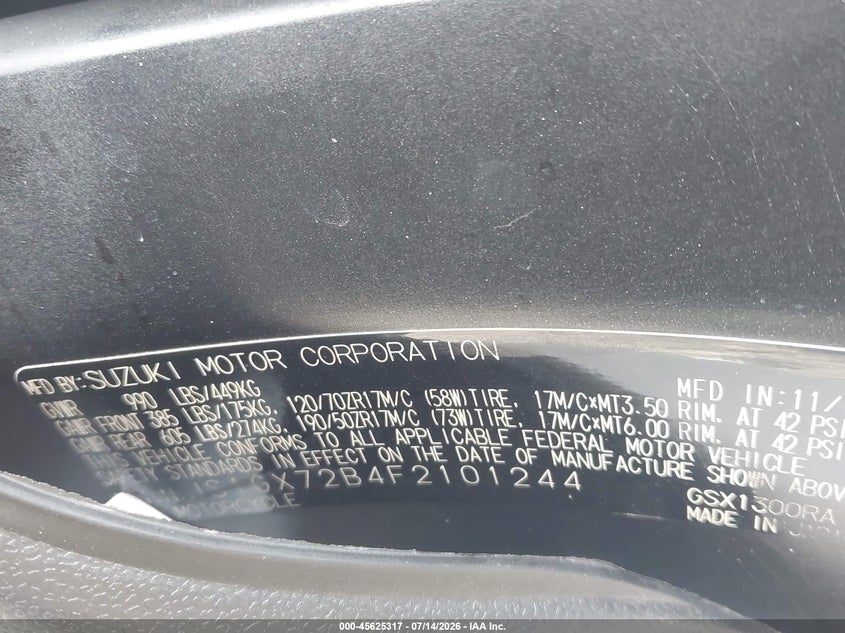 2015 Suzuki Gsx1300 Ra VIN: JS1GX72B4F2101244 Lot: 45625317