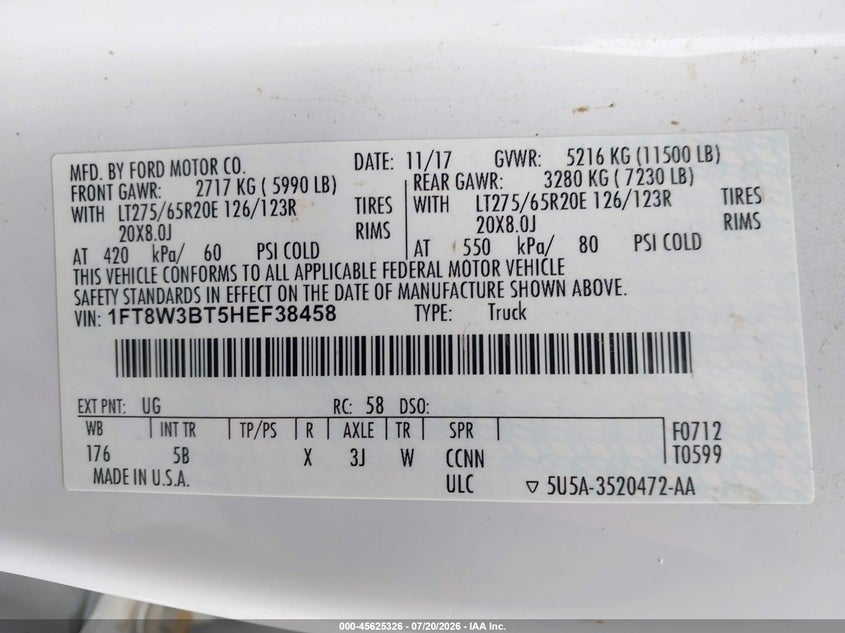 2017 Ford F-350 Lariat VIN: 1FT8W3BT5HEF38458 Lot: 45625326