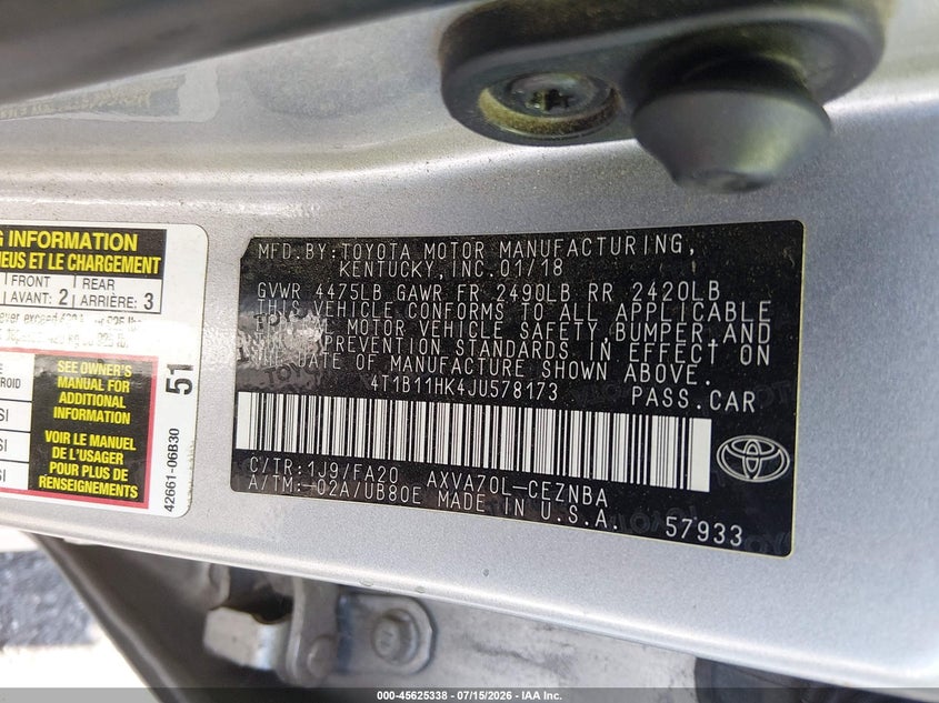 2018 Toyota Camry Le VIN: 4T1B11HK4JU578173 Lot: 45625338