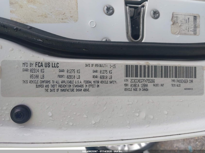 2015 Chrysler 300C VIN: 2C3CCAEG7FH755266 Lot: 45625367