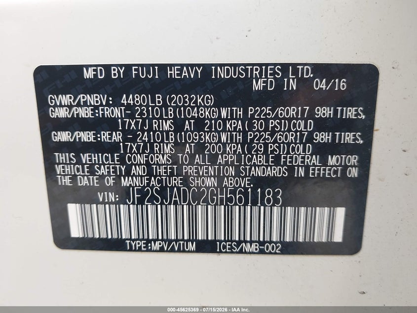 2016 Subaru Forester 2.5I Premium VIN: JF2SJADC2GH561183 Lot: 45625369