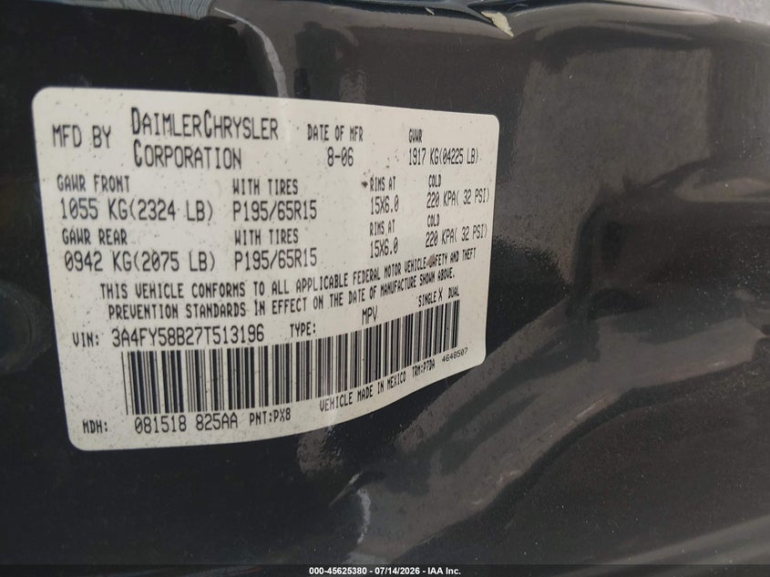 2007 Chrysler Pt Cruiser Touring VIN: 3A4FY58B27T513196 Lot: 45625380