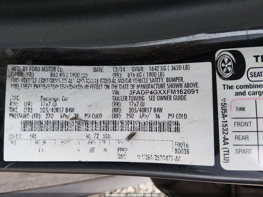 2015 Ford Fiesta St VIN: 3FADP4GXXFM162091 Lot: 45625381