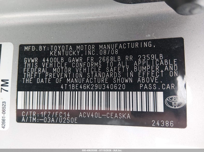2009 Toyota Camry Se VIN: 4T1BE46K29U340620 Lot: 45625388