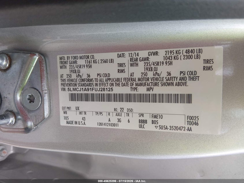 2015 Lincoln Mkc VIN: 5LMCJ1A91FUJ28125 Lot: 45625396