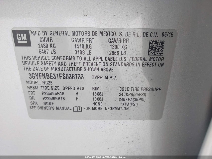2015 Cadillac Srx Luxury Collection VIN: 3GYFNBE31FS638733 Lot: 45625409