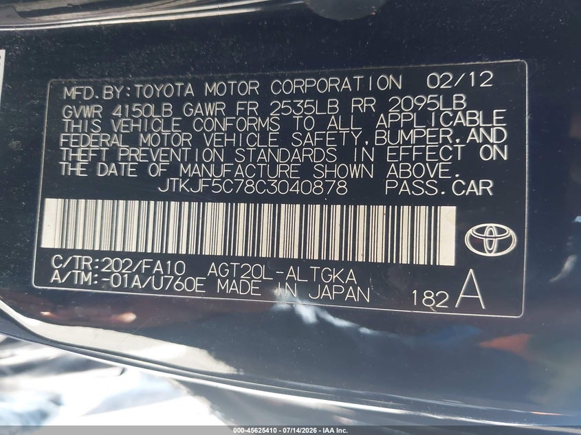 2012 Scion Tc VIN: JTKJF5C78C3040878 Lot: 45625410