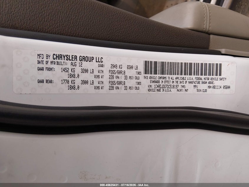 2013 Dodge Durango Crew VIN: 1C4RDJDG7DC518197 Lot: 45625431