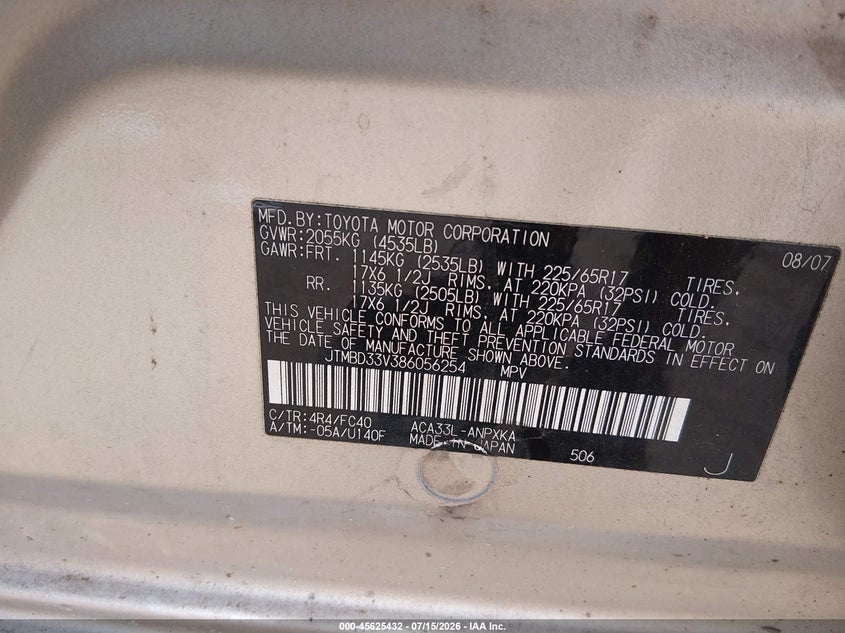 2008 Toyota Rav4 VIN: JTMBD33V386056254 Lot: 45625432