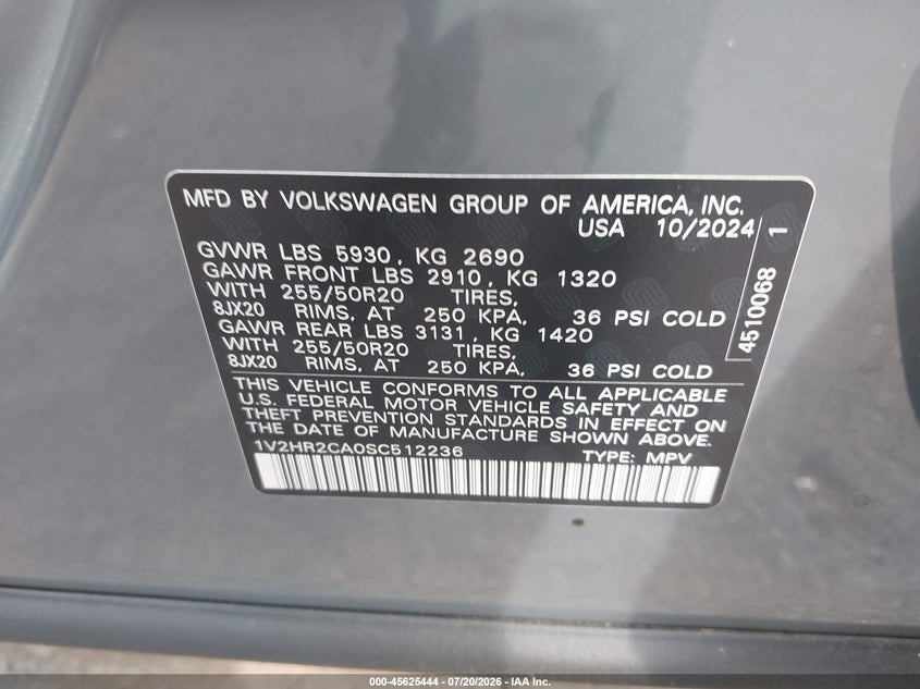 2025 Volkswagen Atlas 2.0T Se W/Technology VIN: 1V2HR2CA0SC512236 Lot: 45625444