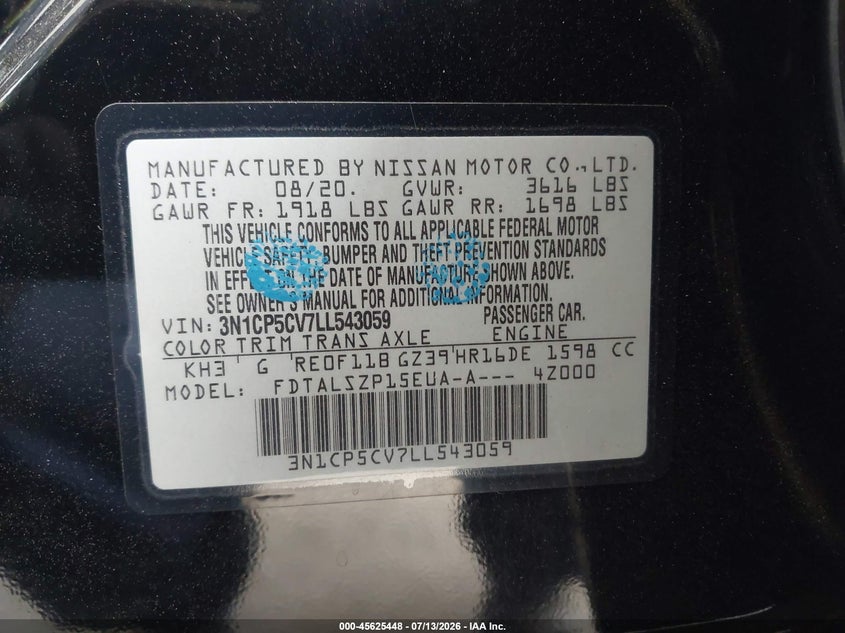 2020 Nissan Kicks Sv Xtronic Cvt VIN: 3N1CP5CV7LL543059 Lot: 45625448