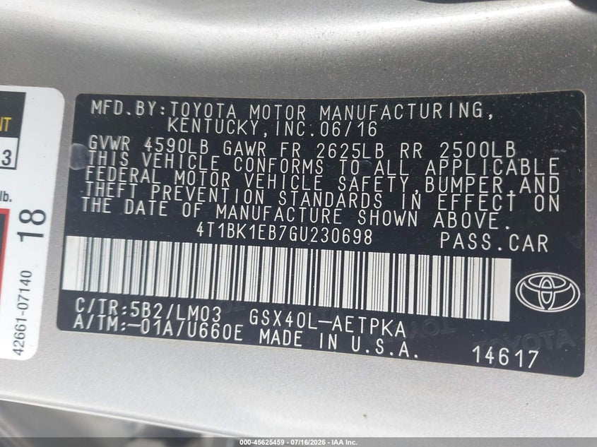 2016 Toyota Avalon Limited VIN: 4T1BK1EB7GU230698 Lot: 45625459