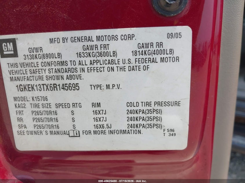 2006 GMC Yukon Slt VIN: 1GKEK13TX6R145695 Lot: 45625488