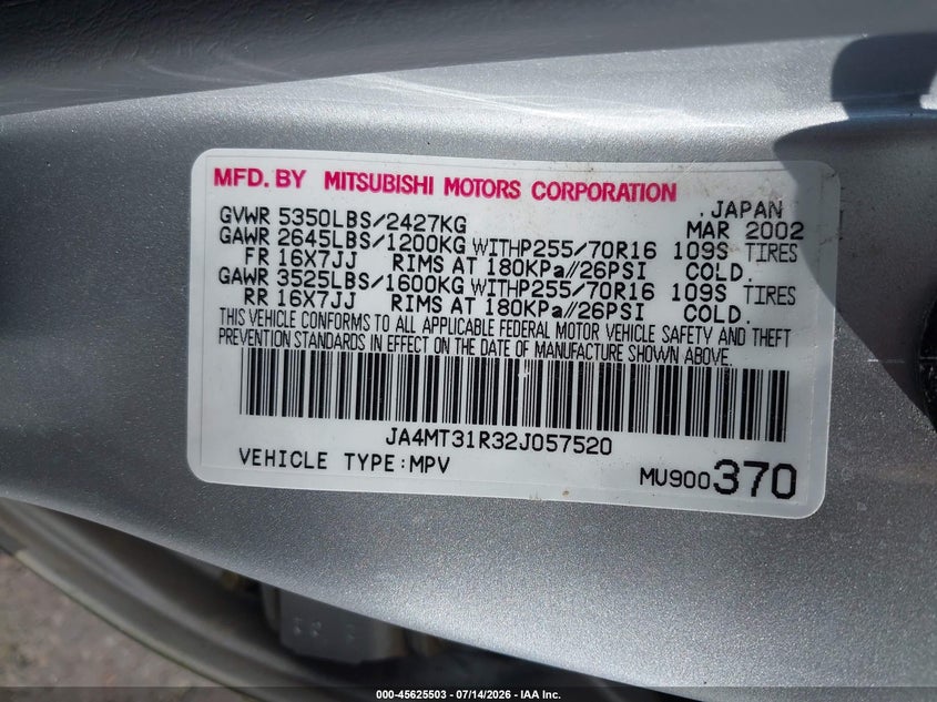 2002 Mitsubishi Montero Sport Xls VIN: JA4MT31R32J057520 Lot: 45625503
