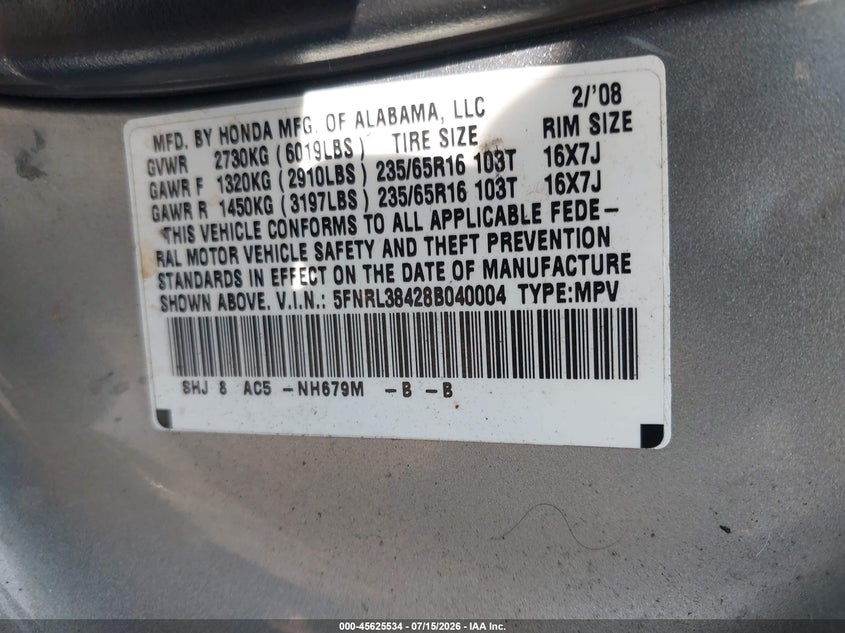 2008 Honda Odyssey Ex VIN: 5FNRL38428B040004 Lot: 45625534