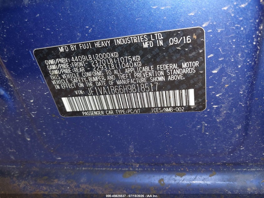 2017 Subaru Wrx VIN: JF1VA1B66H9818517 Lot: 45625537