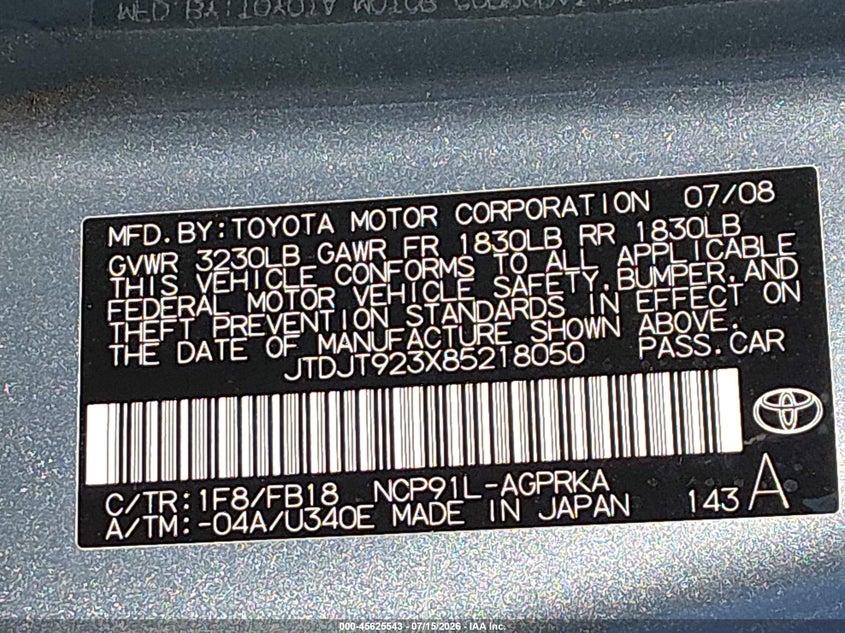 2008 Toyota Yaris VIN: JTDJT923X85218050 Lot: 45625543
