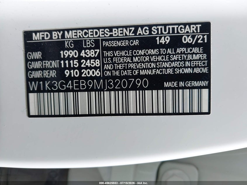 2021 Mercedes-Benz A 220 VIN: W1K3G4EB9MJ320790 Lot: 45625553