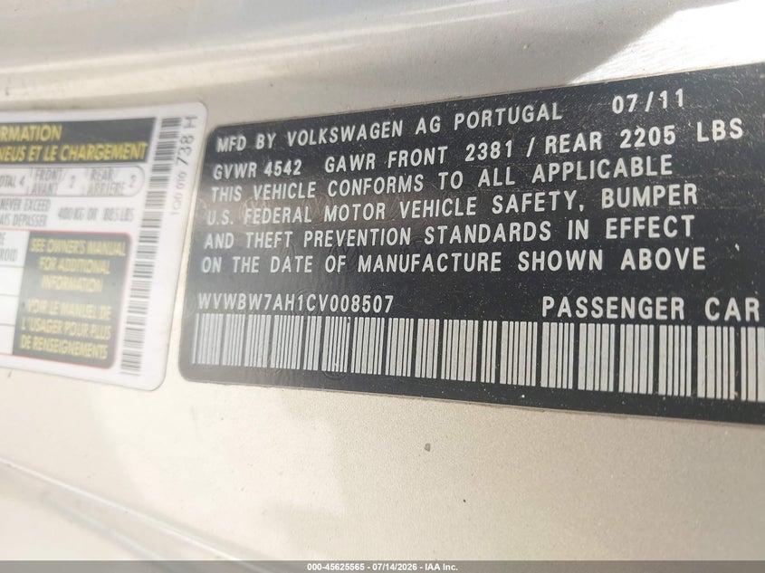 2012 Volkswagen Eos Komfort VIN: WVWBW7AH1CV008507 Lot: 45625565