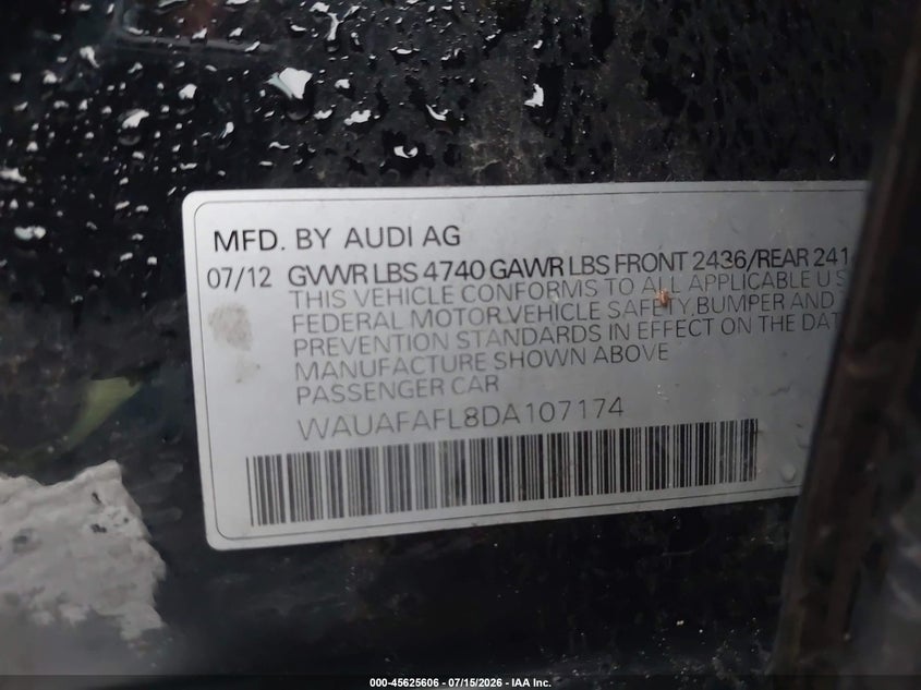 2013 Audi A4 2.0T Premium VIN: WAUAFAFL8DA107174 Lot: 45625606