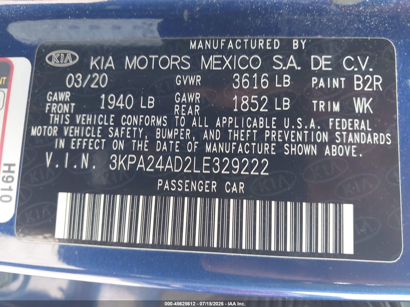 2020 Kia Rio S VIN: 3KPA24AD2LE329222 Lot: 45625612
