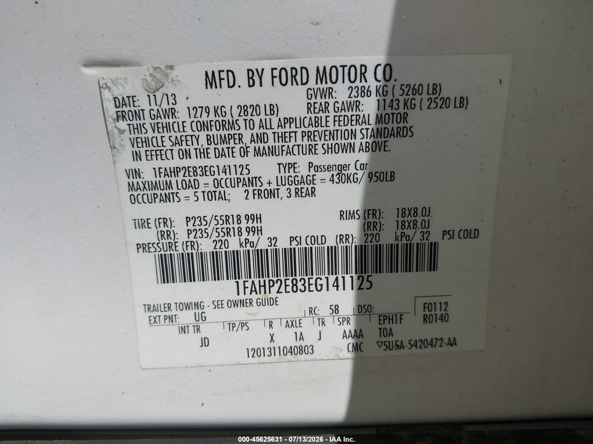 2014 Ford Taurus Sel VIN: 1FAHP2E83EG141125 Lot: 45625631