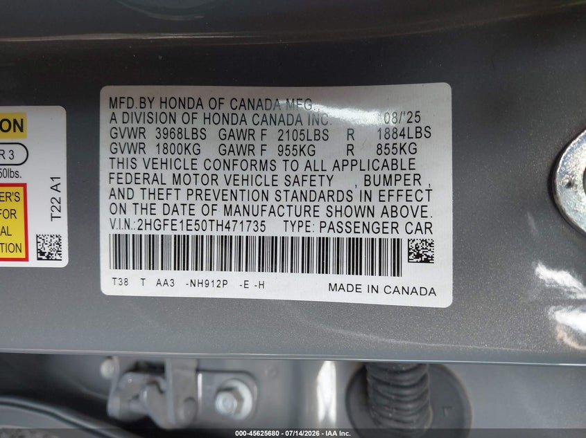 2026 Honda Civic Si Sedan VIN: 2HGFE1E50TH471735 Lot: 45625680