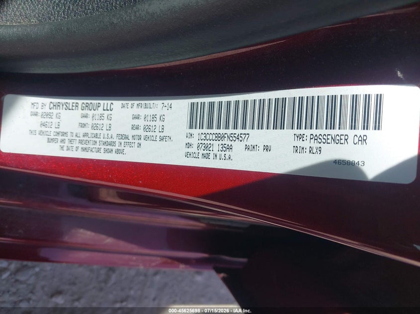 2015 Chrysler 200 S VIN: 1C3CCCBB0FN554577 Lot: 45625698