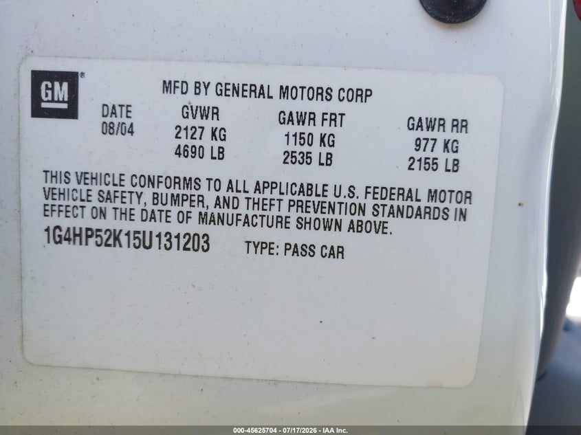 2005 Buick Lesabre Custom VIN: 1G4HP52K15U131203 Lot: 45625704