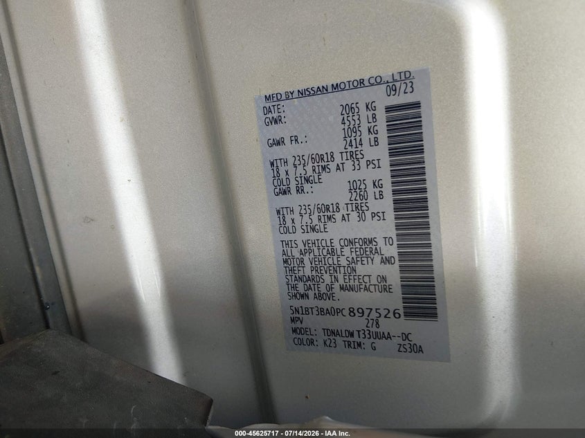 NISSAN ROGUE 2023 VIN 5N1BT3BA0PC897526