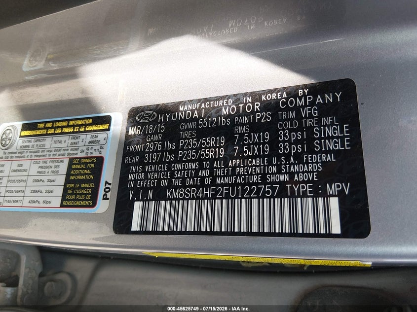 2015 Hyundai Santa Fe Limited VIN: KM8SR4HF2FU122757 Lot: 45625749